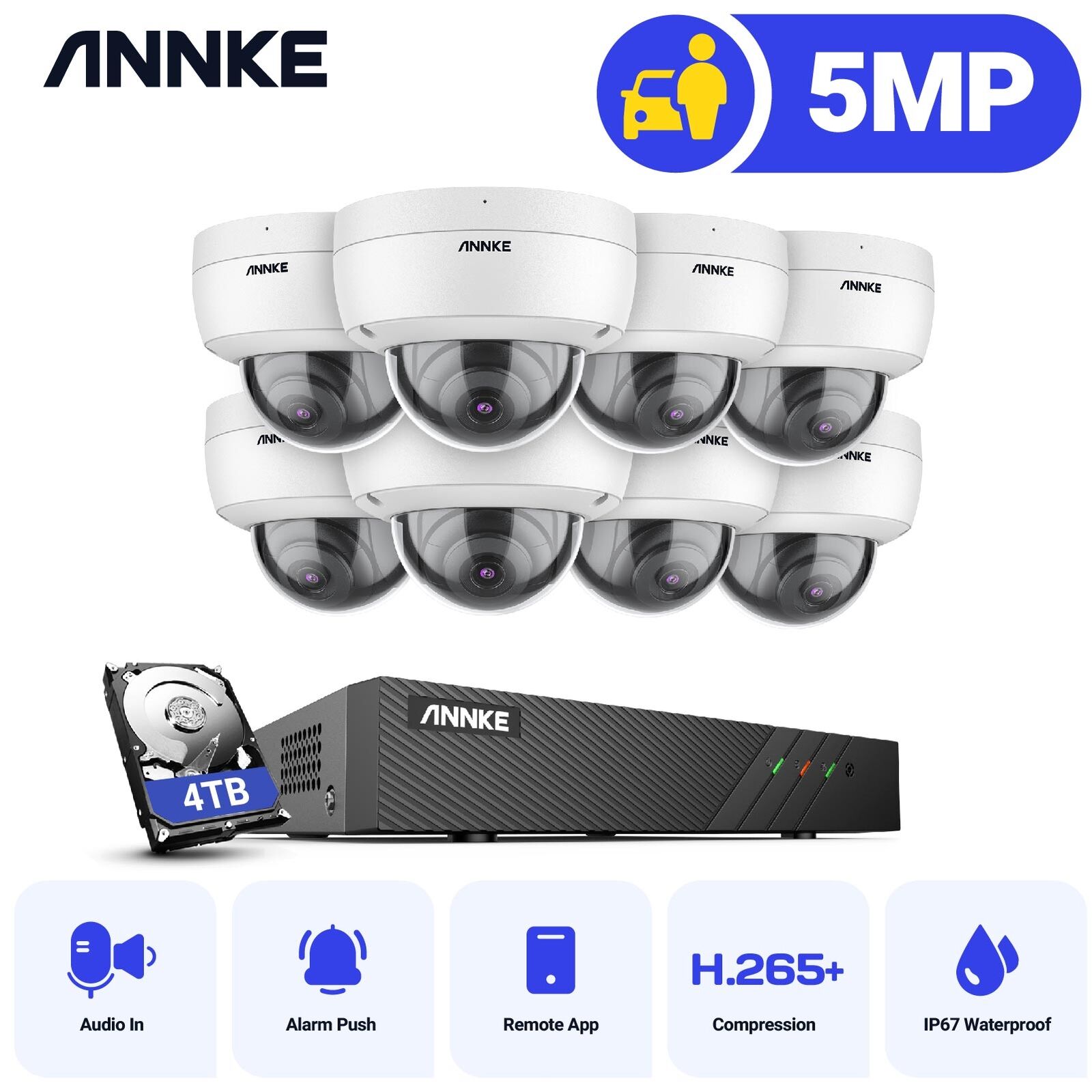ANNKE 8CH NVR 5MP Home PoE Surveillance IP Security Camera System Outdoor H.265+