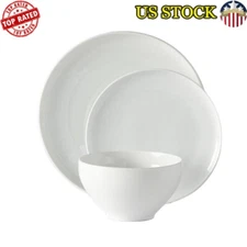 Modern 12 Piece Porcelain Dinnerware Set Dishwasher Microwave Safe White BHG New