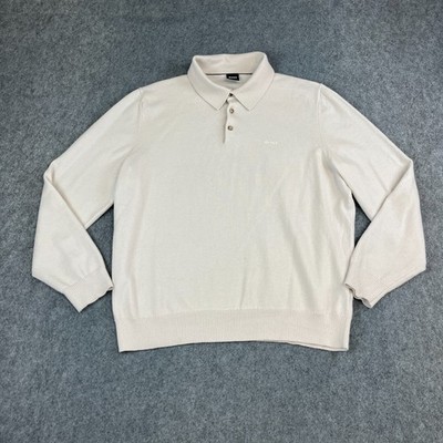 Hugo Boss Woll Strick Polo Pullover Herren Large Creme Off White Pulli Logo