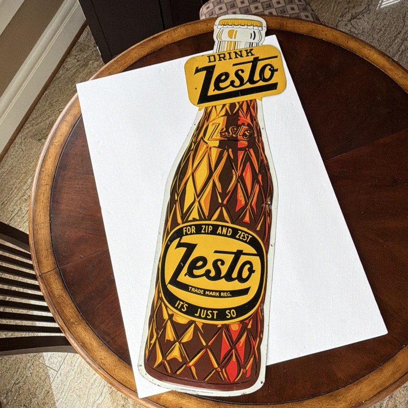 Vintage 44” Embossed Zesto Bottle Sign – American Art Works Soda Advertising