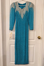 NWT Vintage Teal Sequined Evening Dress with Silver Embellished Yoke