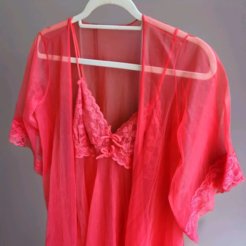 Vintage 50s Red Peignoir Set S M Chiffon Lace Long Robe & Nightgown Full Sweep - Image 2 of 4