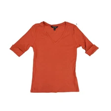 LAUREN Ralph Lauren Women Coral Orange V Neck 3/4 Sleeve Rolled Cuff Top Shirt M