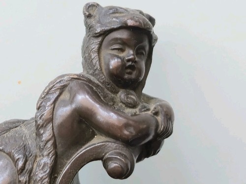 Antique Circa 1880s Bronze Figure, Putti Wearing Pelt & Ice SkatesOn A Sled OOAK - Picture 11 of 14
