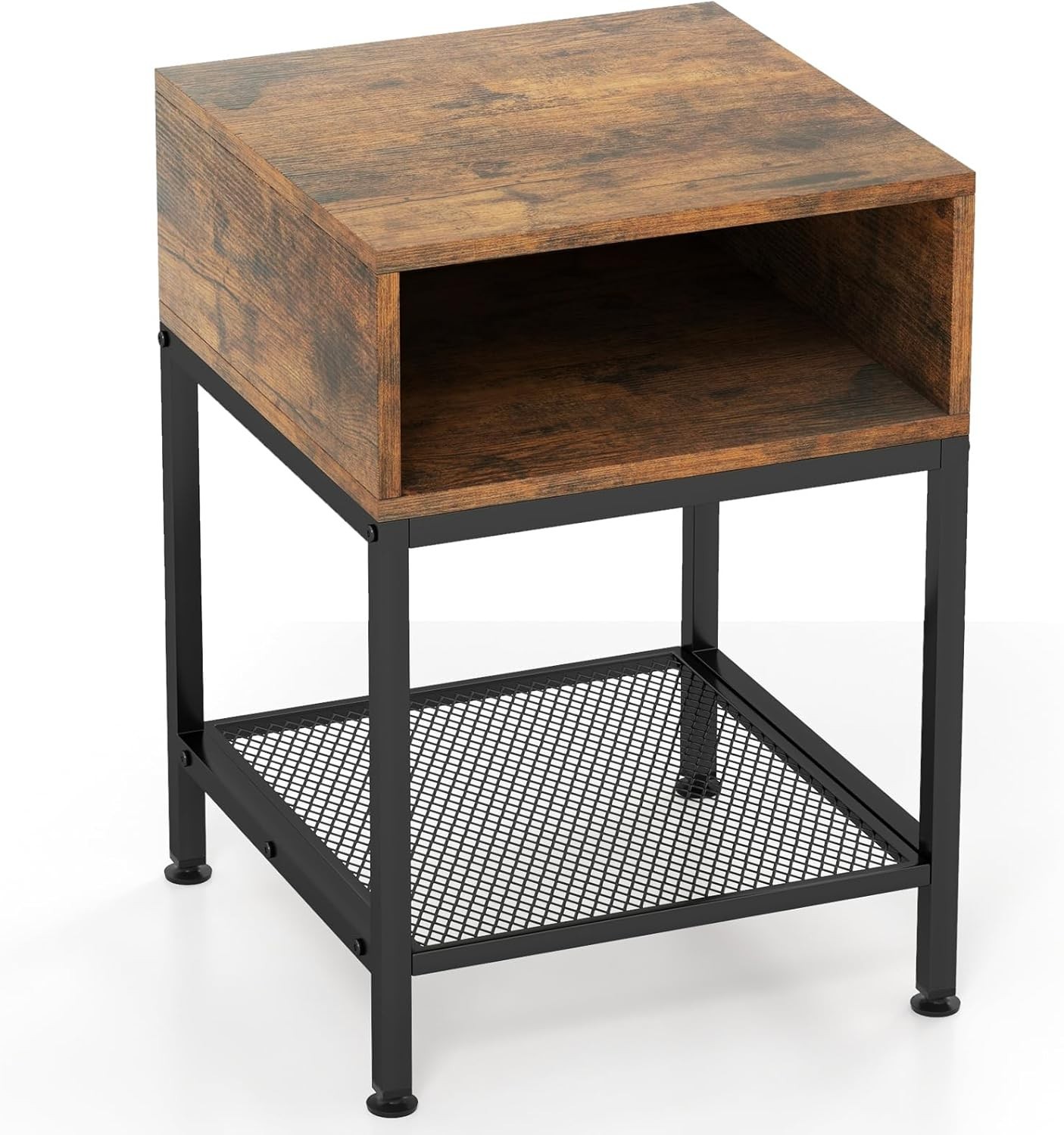 3-Tier Bedside Table, Compact Sofa Side Table with Storage Cube & Mesh Shelf