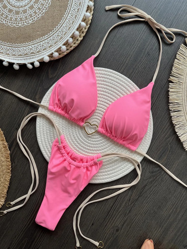 RUOTONSEPT Sexy Halter Color Sólido Conjunto de Bikini Para Mujer Traje de Baño Dos Piezas Triángulo - Imagen 28 de 30