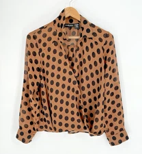 Jennifer Lauren Womens Plus Size 1X Blouse Wrap Brown Black Polks Dot