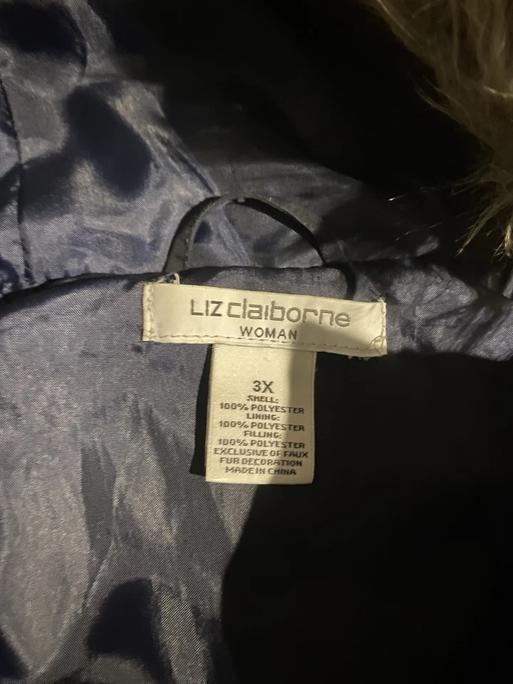 Chaqueta Liz Claiborne para mujer 3X chaleco acolchado azul imitación piel ribete capucha Foto 4 de 4