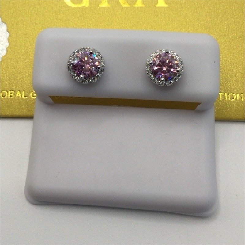 GRA 5.25mm Round Pink Lab-Created Moissanite Halo Stud Earrings Silver Butterfly