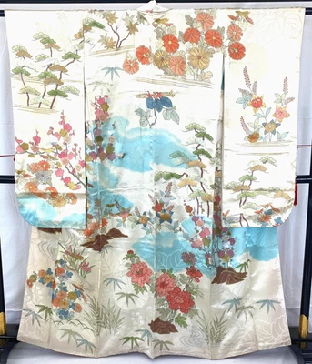 Kimono japonais vintage furisode polyester beige cher troisième hauteur 62 po - Photo 1/4