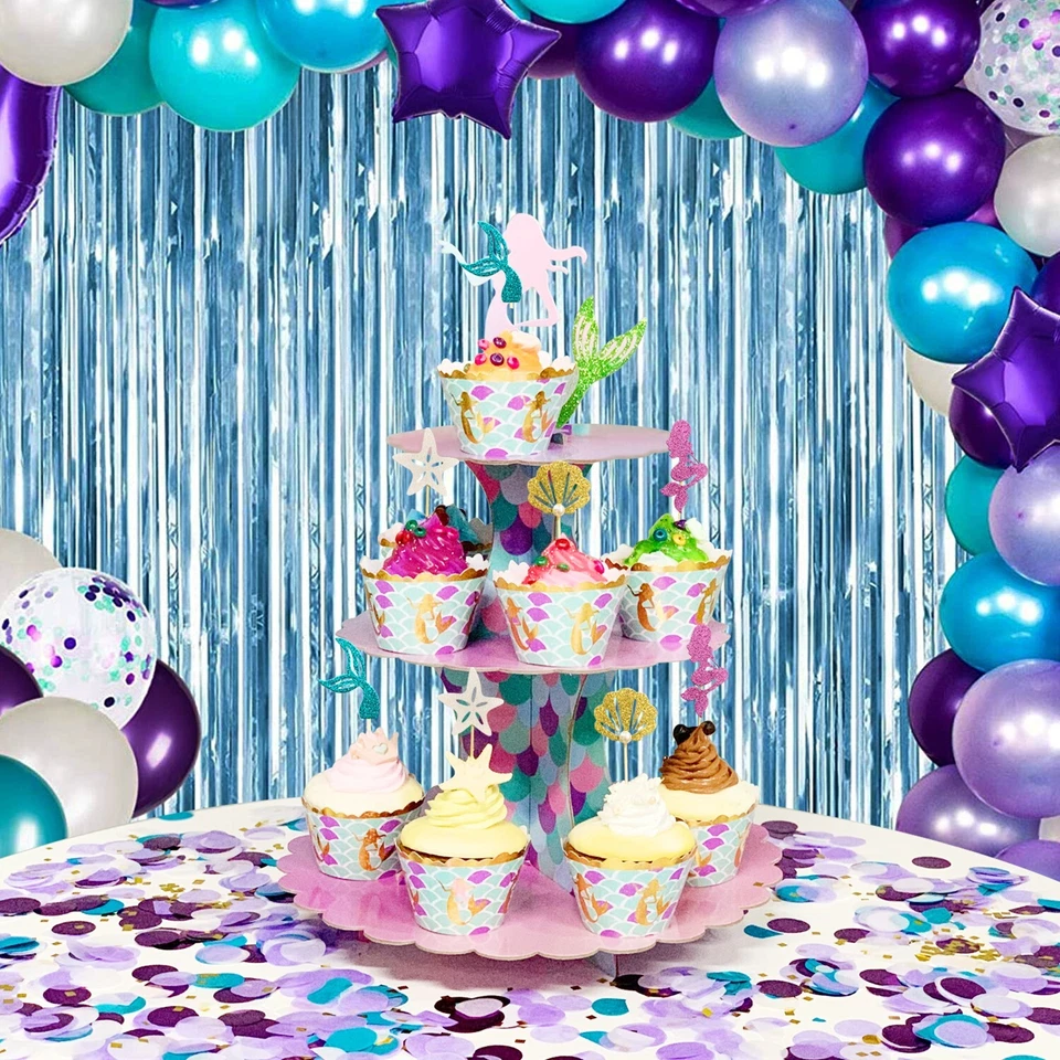 Soporte para cupcakes y envoltorios para pasteles de sirena de baby shower suministros para fiestas de cumpleaños Foto 3 de 4
