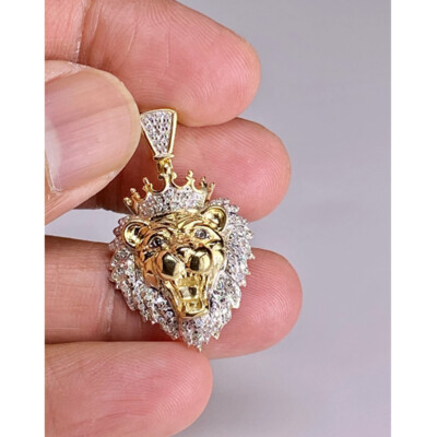10k Yellow Gold Mens Round Diamond Lion Head Animal Charm Pendant