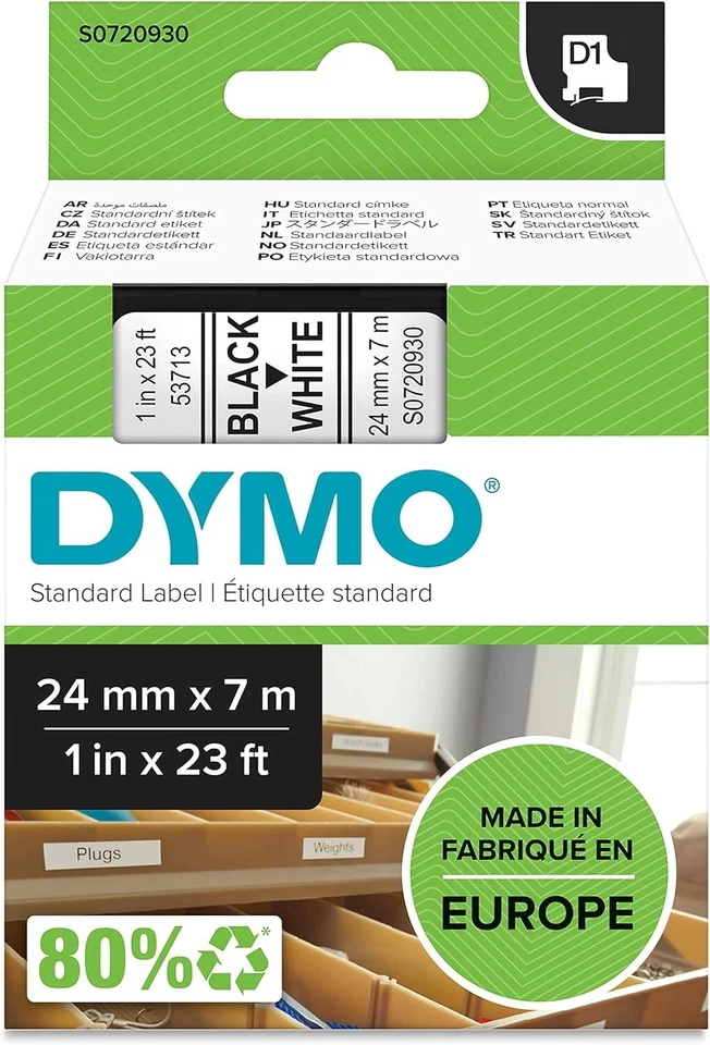 DYMO Original D1-Etikettenband schwarz auf weiß 24 mm x 7 m selbstklebende 53713