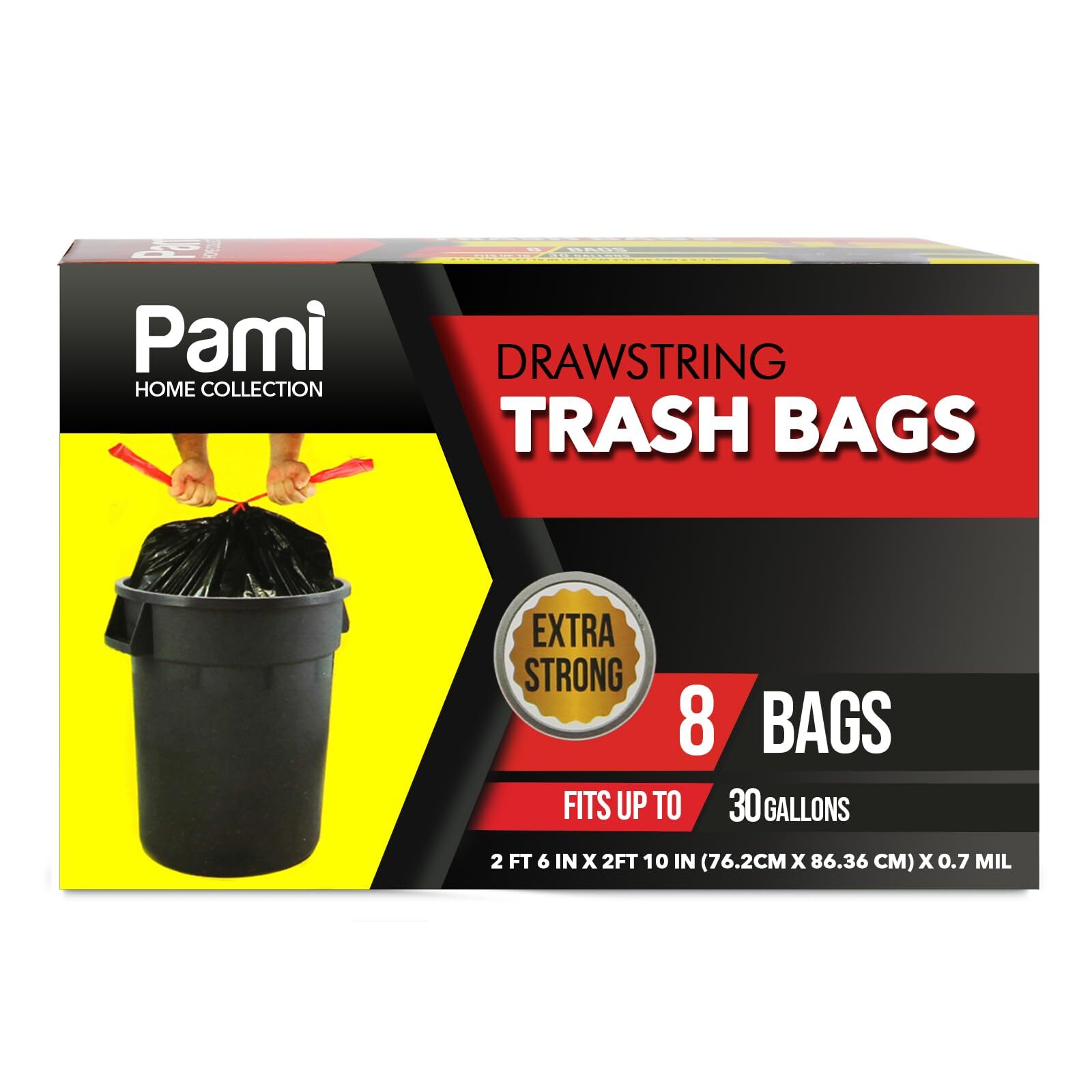 Large 30-Gallon Drawstring Trash Bags [8-Pack, Black] - Multipurpose Extra-St...