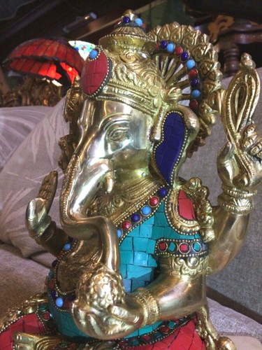 Ganesh grande statua ottone pietre intarsiate scultura tempio divinità orientale 31 cm 8 kg - Foto 8 di 12