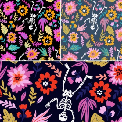 Polycotton Stoff Halloween Drop Dead wunderschön Tag der Toten Skelette Blumen