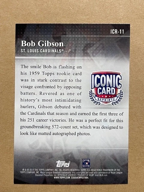 Bob Gibson ~ 2019 Topps "Iconic Card" Insert #ICR-11 St. Louis Cardinals - Image 2 of 2