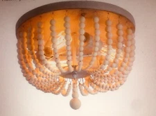 Boho Farmhouse Wood Oak Beaded 3 Light Fixture Semi Flush Mount Item # C2008-3