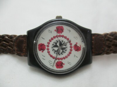 Analog Wristwatch Brown Woven Buckle Band Round Face Rose Theme