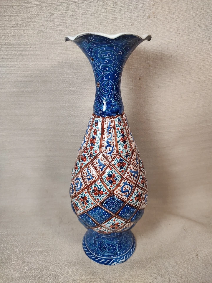 Minekari Persian Vase Enamel Over Copper Vase Blue Red White Small Smear EUC - Image 3 of 4
