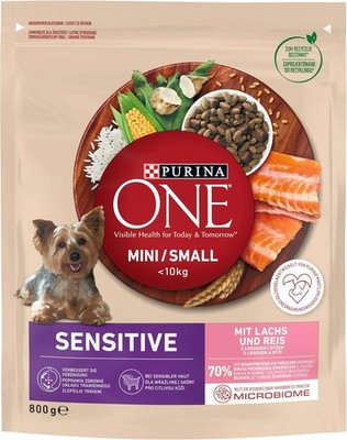 PURINA ONE Mini/Small Delicate Hundefutter trocken, Lachs & Reis (8 x 800g)