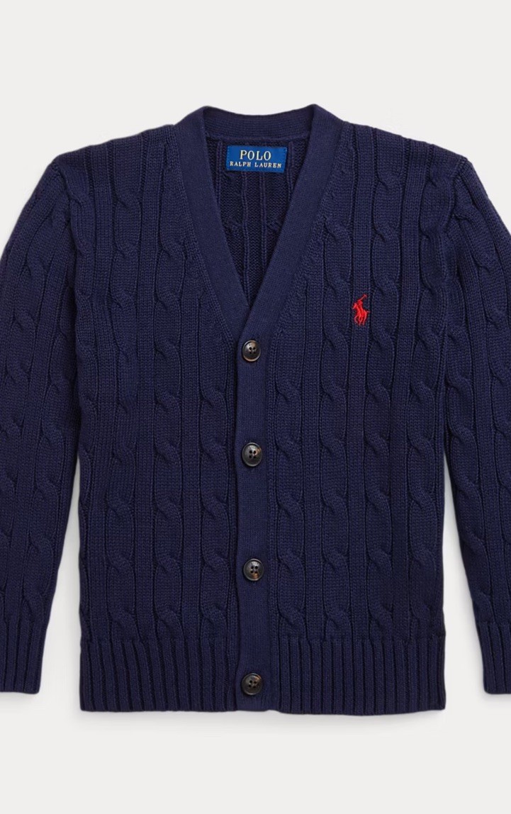 POLO RALPH LAUREN CABLE KNIT COTTON V-NECK CARDIGAN SWEATER SIZE L 14-16 L