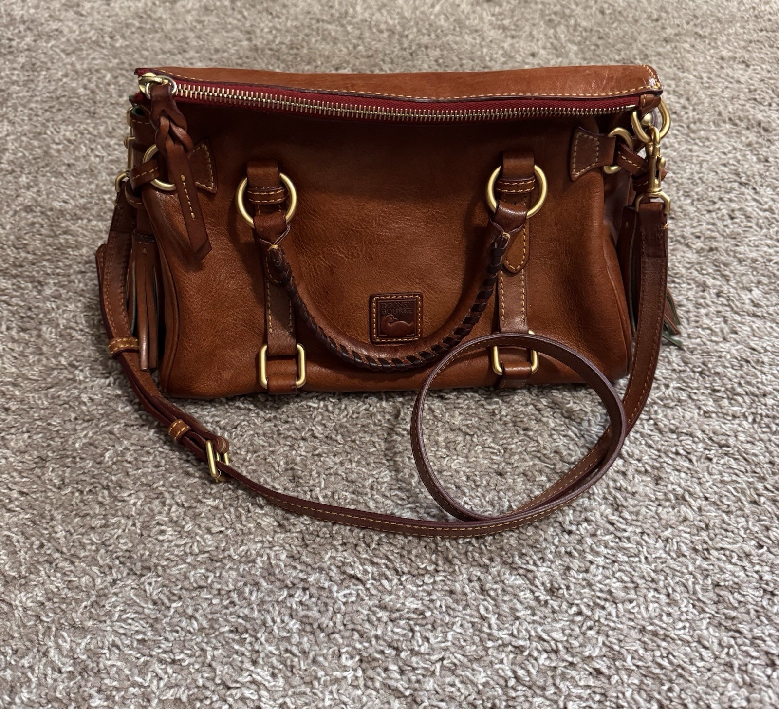 Dooney & Bourke Brown Florentine Pebbled Satchel Braided Handle standard size