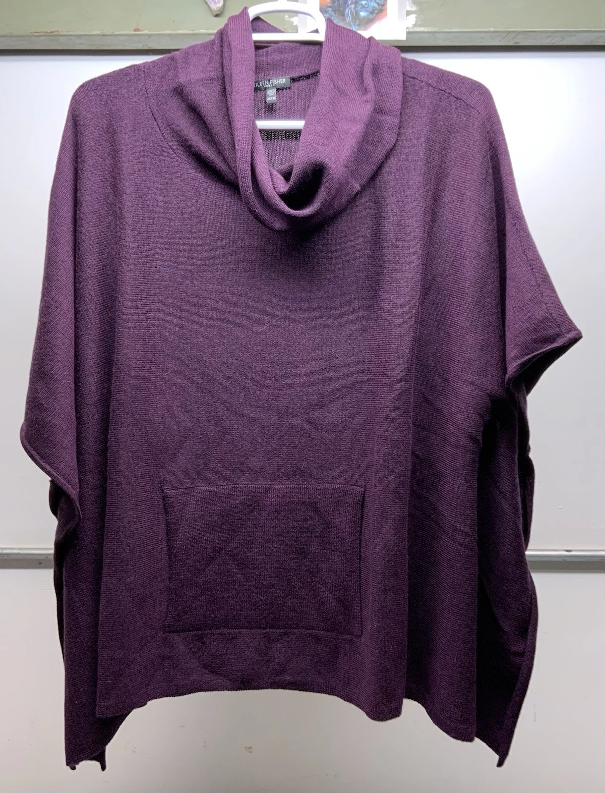 Eileen Fisher 100% Merino Wool Poncho Sweater, Front Pocket, Purple, Size 2X/3X