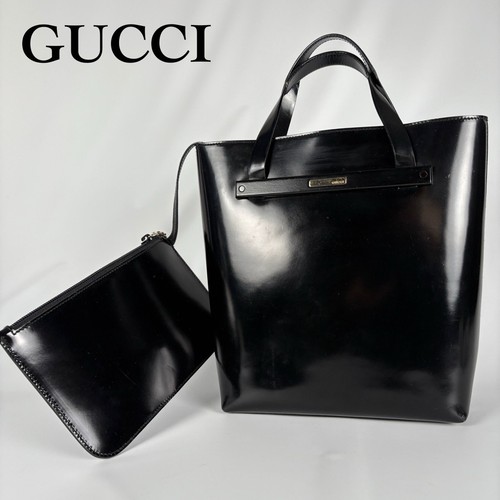 GUCCI Tom Ford Solid Tote Hand Bag Leather Black Silver Hardware Logo Japan USED