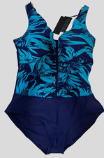 Womens 2XL Navy Blue Printed Swimsuit One Piece Wireless Tummy Control Padded