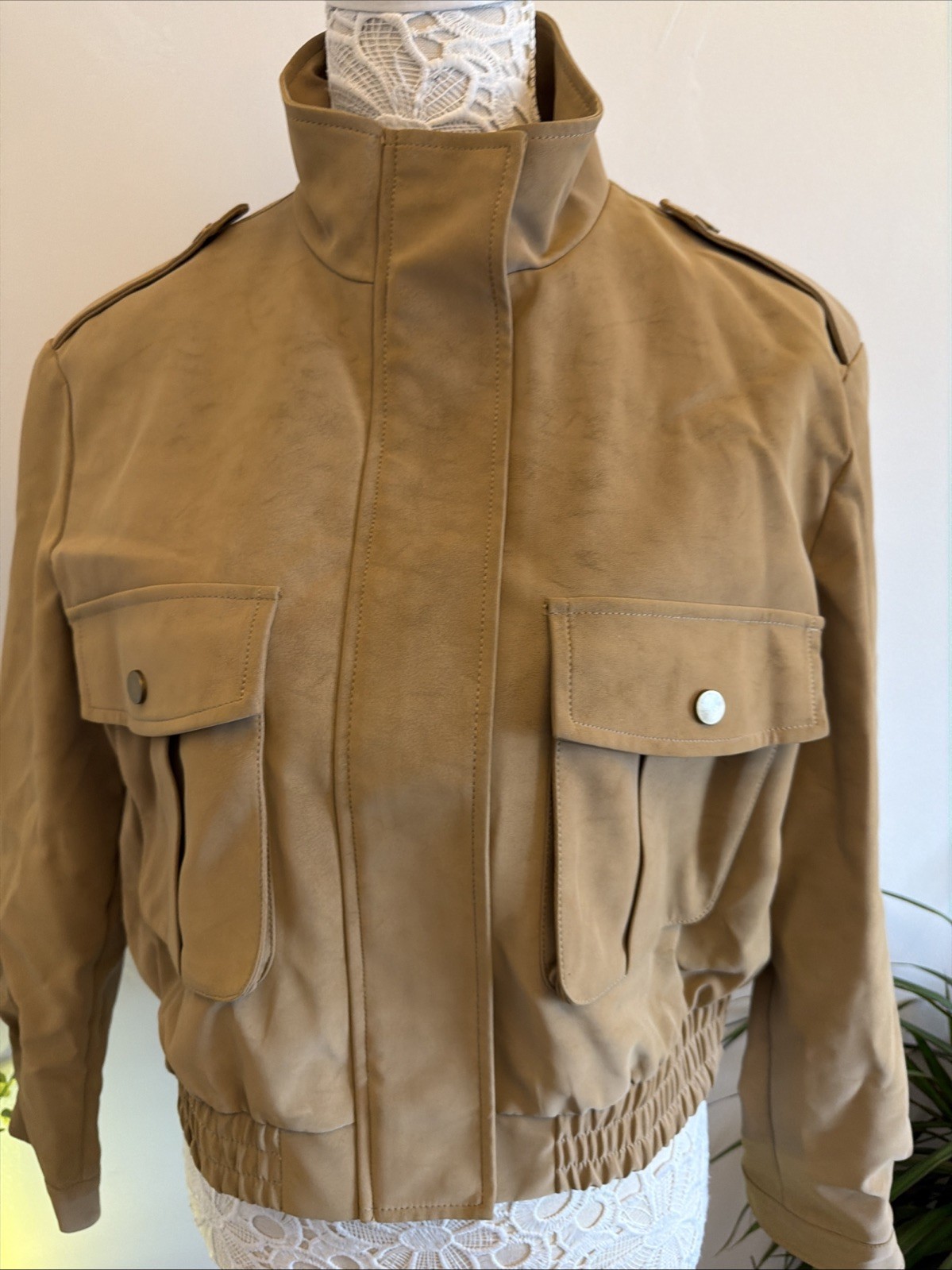Glamify Size L Jacket Lined Cropped Tan Brown Bomber Leather SuedeFeel Military image 7