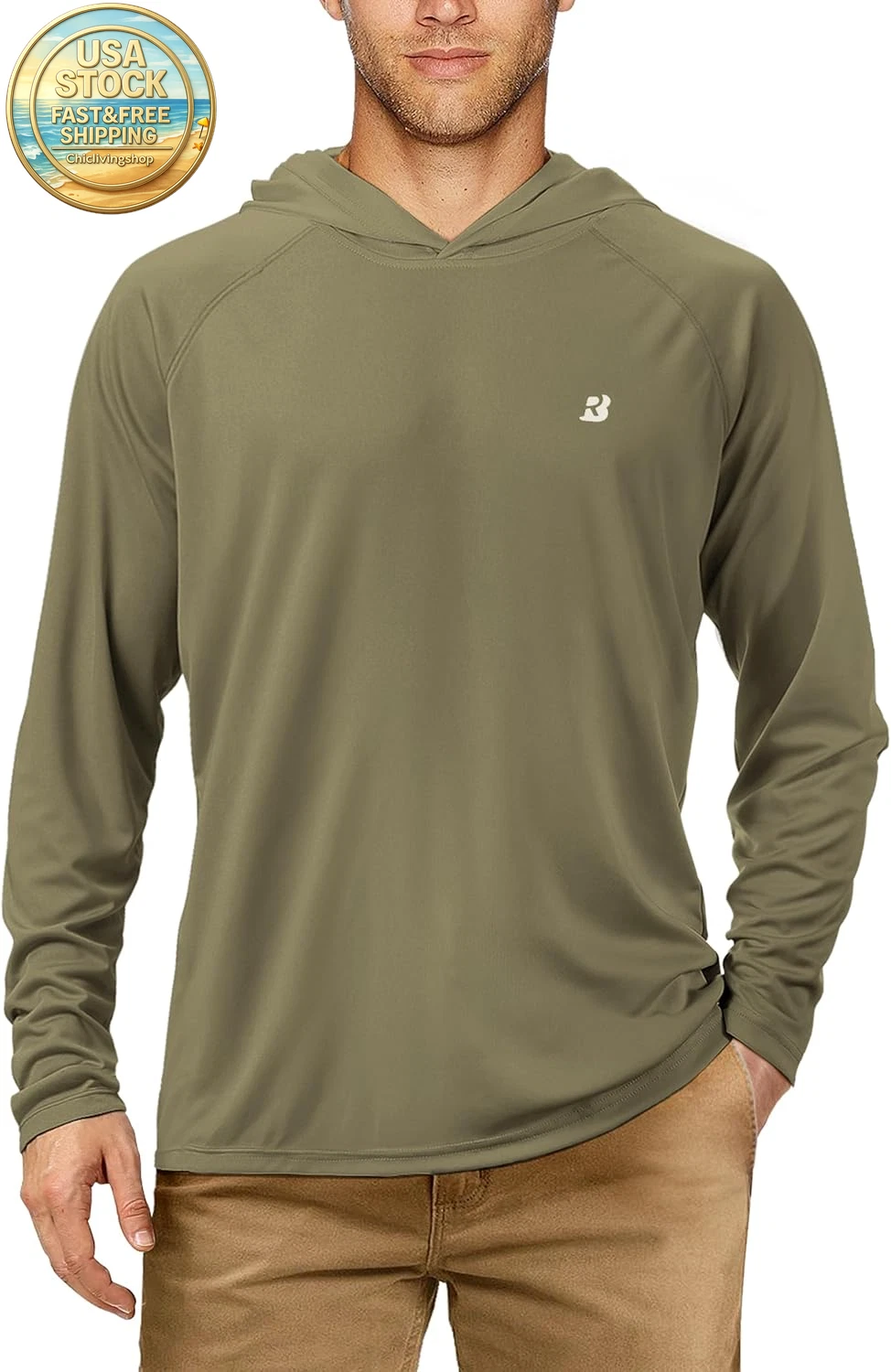 Fishing Shirt Men UPF 50 Long Sleeve Sun Protection Hoodie Large Khaki
