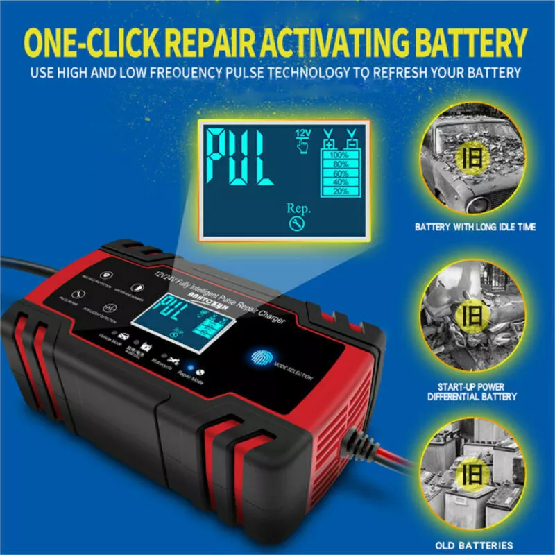 Chargeur de Batterie Intelligent 8A 12V-24V Chargeur Batterie Moto Portable  LCD écran pour Batterie de Voiture Moto