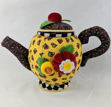 Mary Engelbreit Small Yellow & Black Cherry Fruit Theme Tea Pot Pincushion