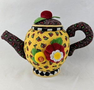 Mary Engelbreit Small Yellow & Black Cherry Fruit Theme Tea Pot Pincushion