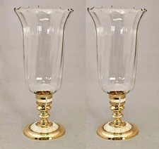 Candle Holder Brass Mother of Pearl Inlay Glass Hurricane 6"Dia 14"High Set/2