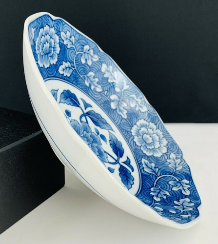 Japanische blau und weiß Botan Pfingstrose Porzellan flache Salatschüssel 7,5" B x 2" H - Bild 10 von 12