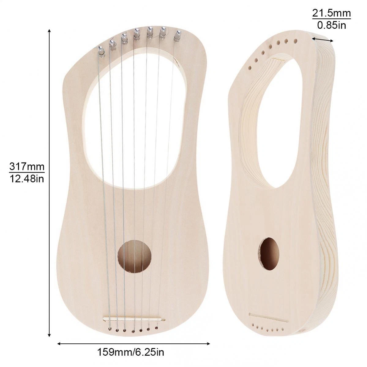 DIY Lyre Harp 7 String Wood Body Strings Bridge Peg Tuning Wrench