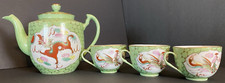 Chinese Dragon Phoenix Porcelain Teapot Tea Set 3 Cups Celadon Green Gold Vtg