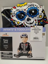 Infant Size 0-6 Months Sugar Skull Cute Costume w/ Jumpsuit and Cap - NEW