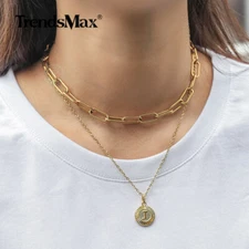 Gold Plated Stainless Steel Initial Letter Pendant Necklace Layered Chain Unisex