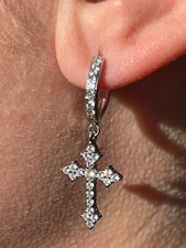 Real Moissanite 925 Sterling Silver Men's Ladies Dangle Cross Studs Earrings