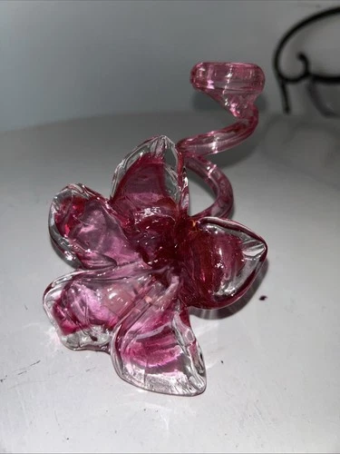 VTG Murano Hand Blown Glass Pink Floral Spiral CandleStickHolder Italy 5”Hx4.5”L