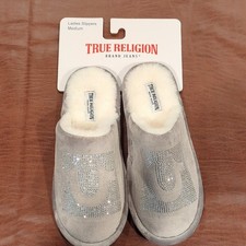 True Religion Women s Gray Slip-On Slippers US 6.5 Rhinestone Logo Faux Fur