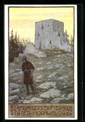 Künstler-AK Ernst Kutzer: Adalbert Stifter, Der Hochwald, Krieger vor eine Ruin 