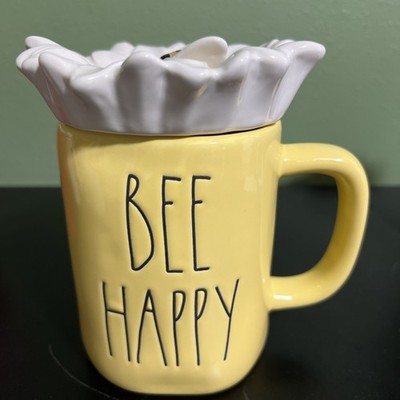 Rae Dunn BEE HAPPY Mug With Daisy Bee Lid Yellow Ceramic