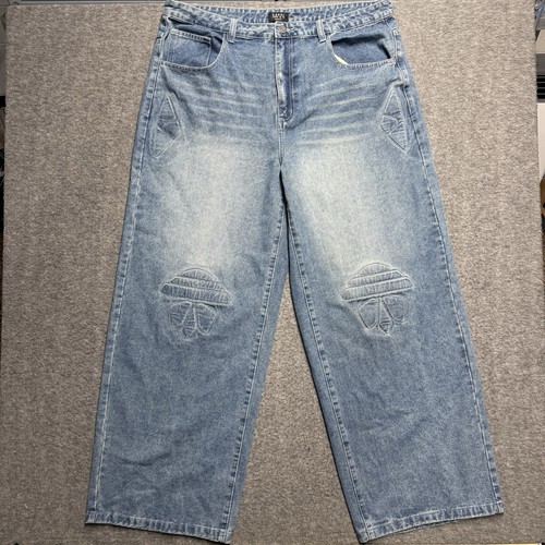 NWT BooHoo Man Baggy Wide Leg Jeans Men's 40x33 Tall Blue Grunge 100% Cotton NEW