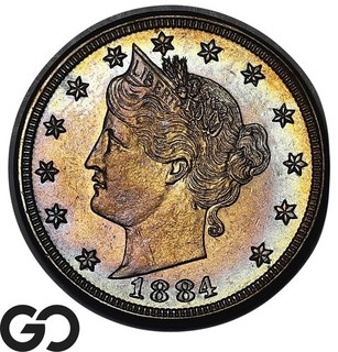 1884 Liberty Nickel V Nickel PROOF Gorgeous Rainbow Toning Solid Gem PR