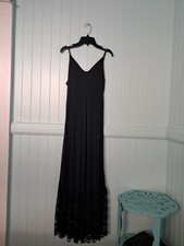 Harari Silk Maxi Slip Dress Sz L Solid Black Vintage USA 90’s Whimsigoth Lace