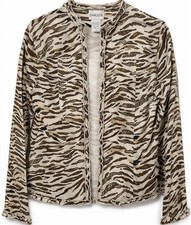 Chicos Zebra Animal Print Open Front Jacket Ruffle Trim Stretch Crop Size Zero